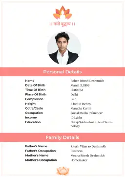 A calm and elegant bio data for marriage with Namo Buddhaya header. Perfect wedding bio data for Buddhist or minimalist preferences.