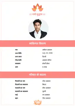नमो बुद्धाय शीर्षक वाला शांत और सुंदर विवाह बायोडाटा। बौद्ध या साधारण पसंद वालों के लिए उपयुक्त।