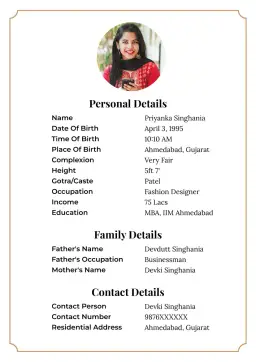 Minimalist gold-bordered marriage bio data format for girls with a clean and simple layout ideal for modern matrimonial profiles.
