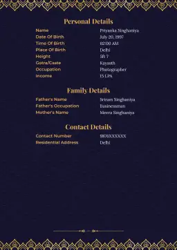 Royal blue 2-page marriage bio data templates for girls featuring Ganesha and gold leaf elements, ideal for a traditional yet elegant matrimonial biodata.