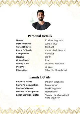 The free biodata template filled with a fictional profile: photo, personal details and family details
