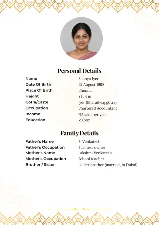 The free biodata template filled with a fictional profile: photo, personal details and family details