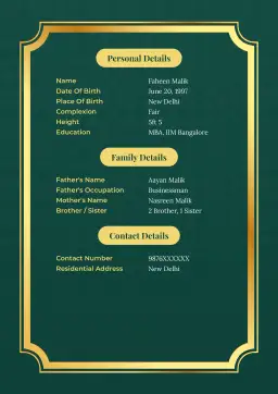 Green and gold Islamic-inspired marriage bio data templates for girls and boys, featuring a two-page format ideal for Muslim matrimonial biodata.