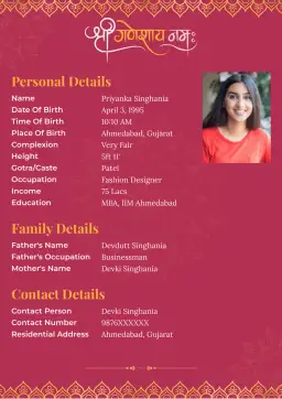 Pink marriage bio data templates for girls featuring Lord Ganesh and decorative borders, ideal for traditional Indian matrimonial profiles.