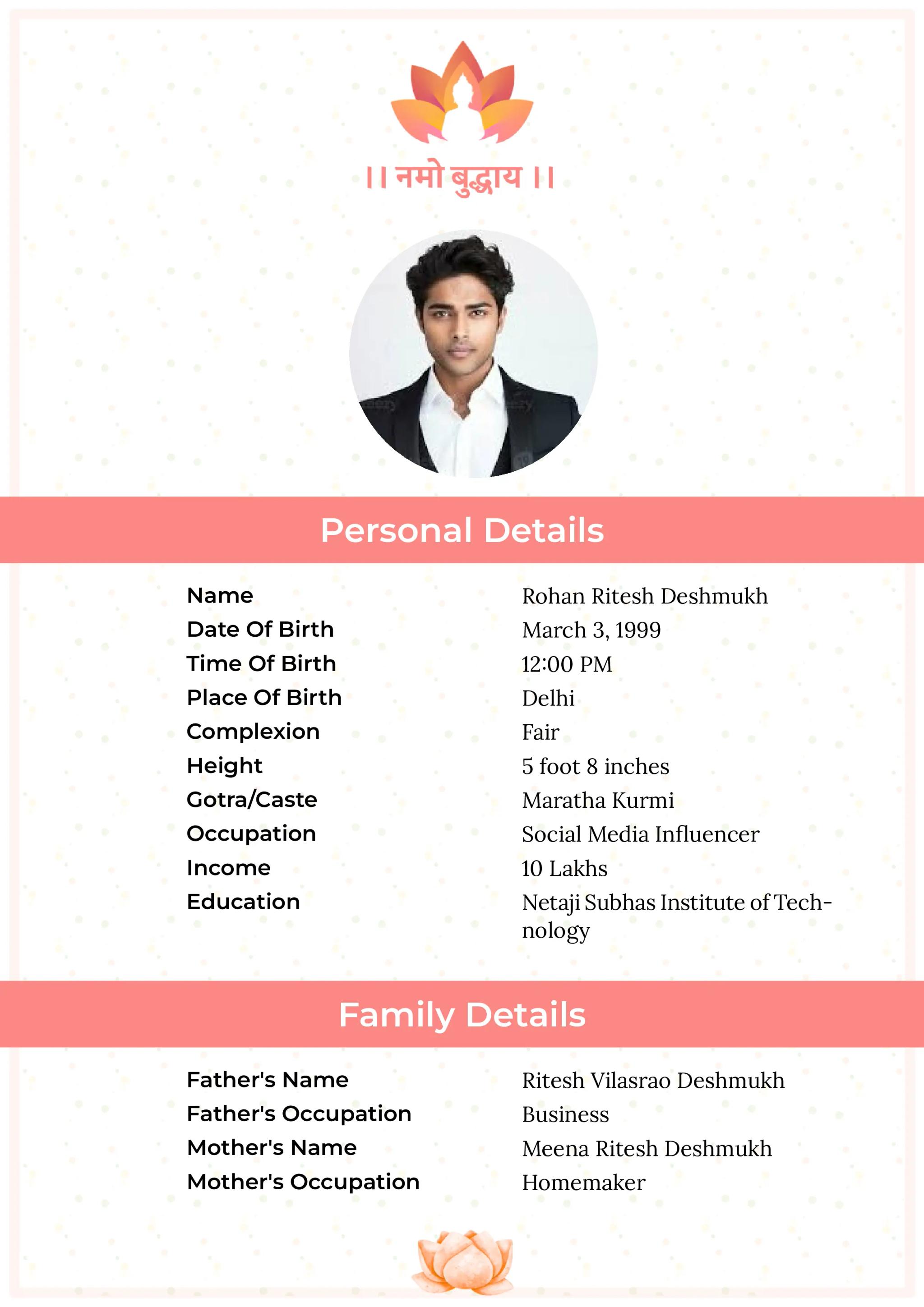 A calm and elegant bio data for marriage with Namo Buddhaya header. Perfect wedding bio data for Buddhist or minimalist preferences.