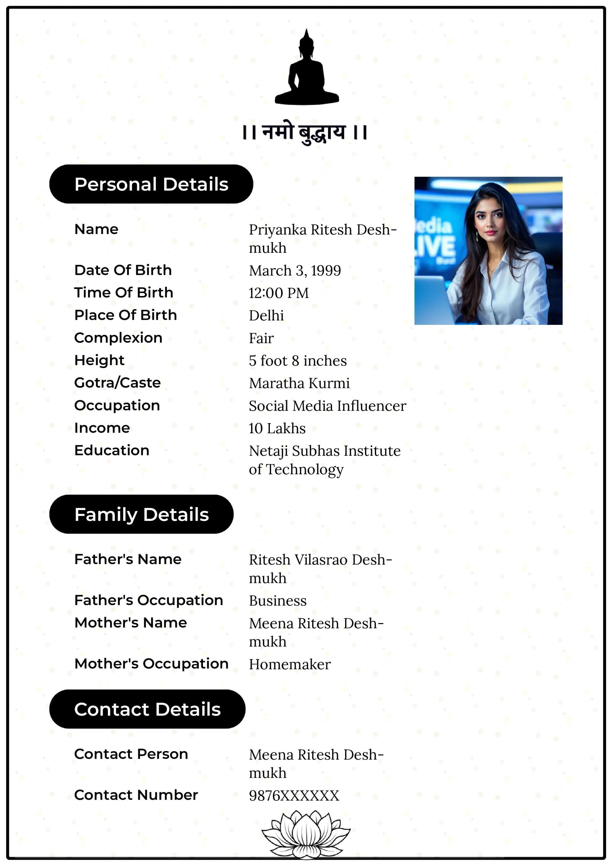 A bold and minimalist bio data for marriage with Buddha icon. Ideal wedding bio data format for modern Buddhist families.