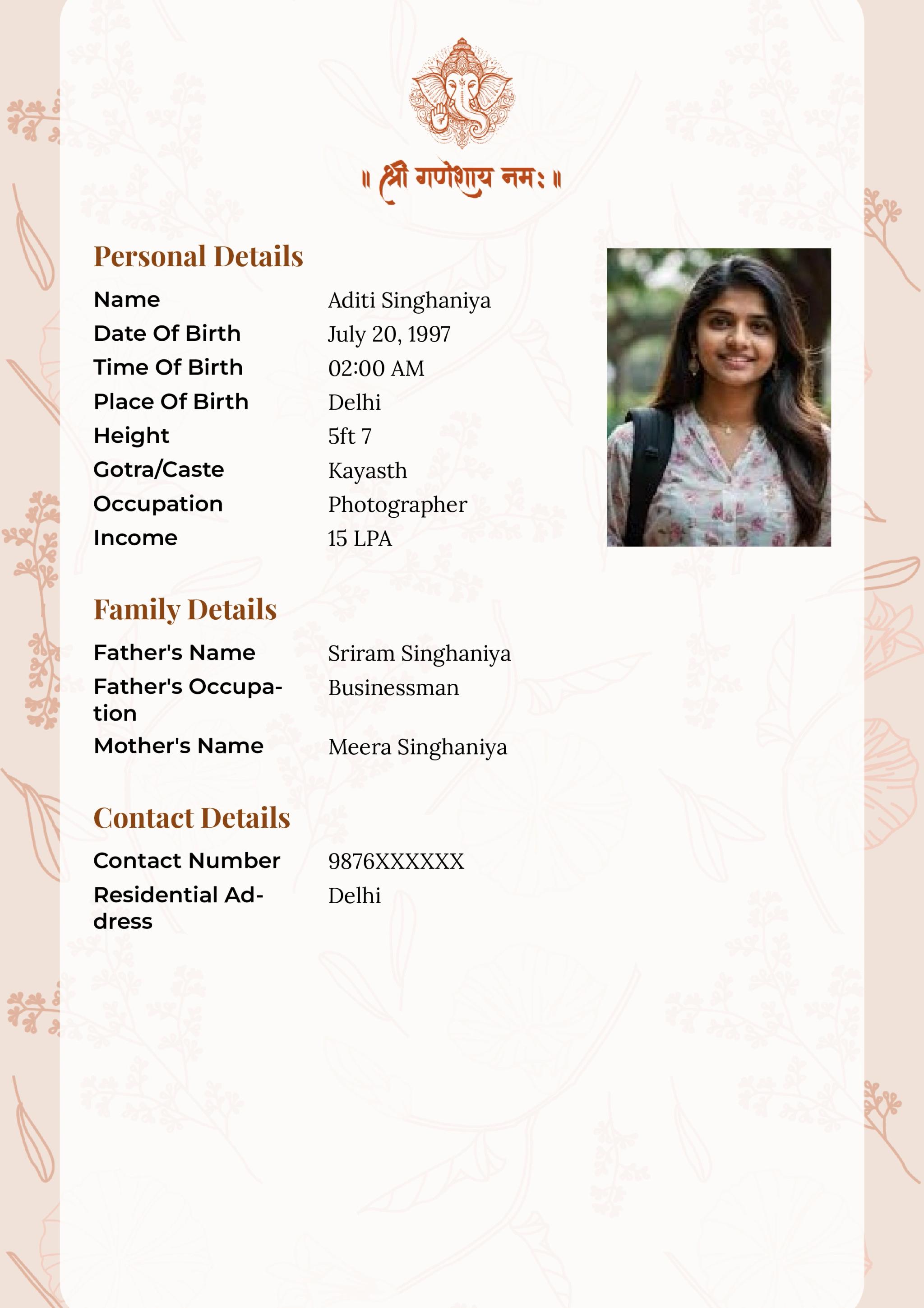 A vibrant bio data for marriage with Lord Ganesha and photo section. Ideal wedding bio data format for traditional families.