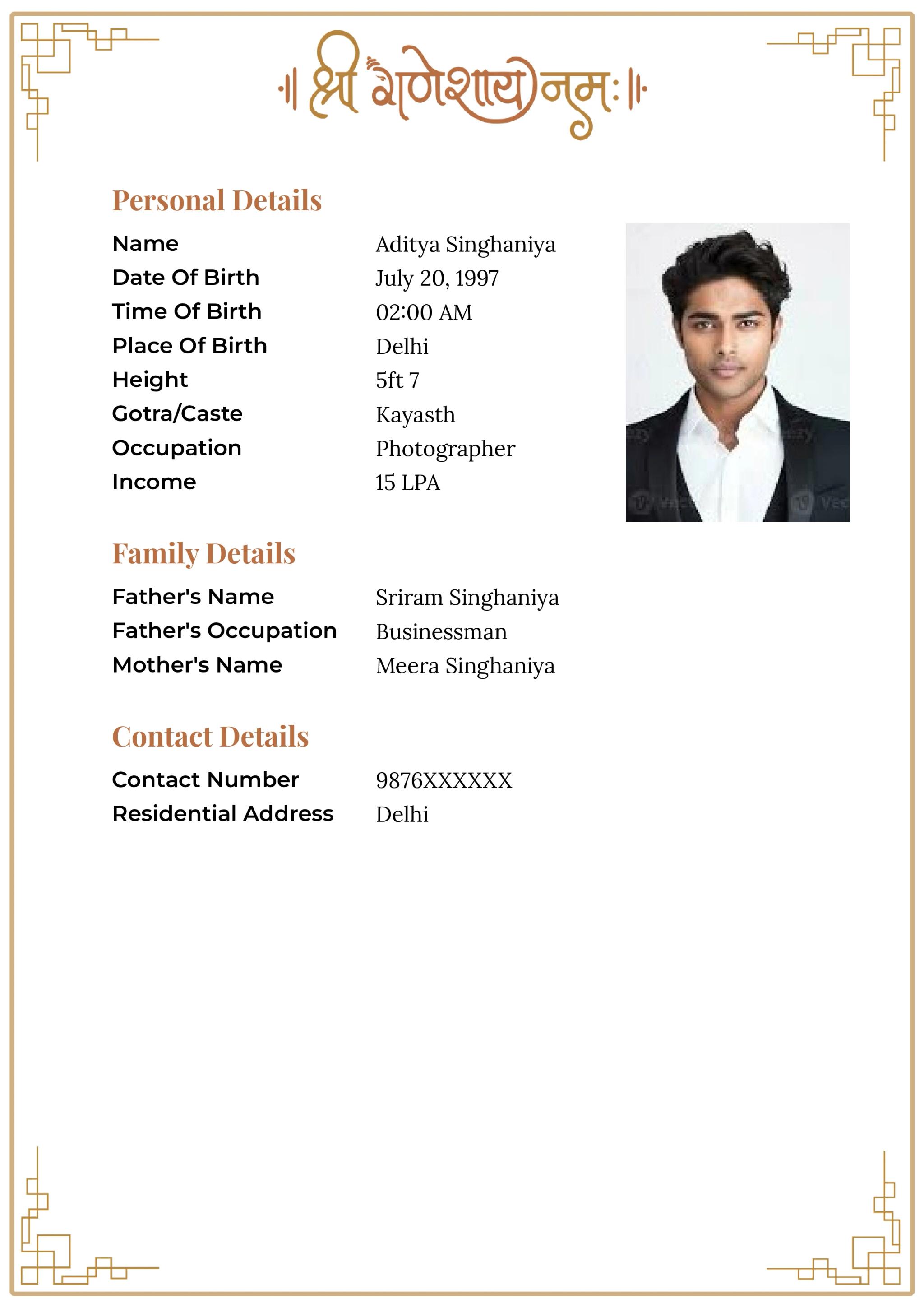 A graceful wedding bio data with Shri Ganeshay Namah and modern borders. Perfect bio data for marriage with spiritual elegance.