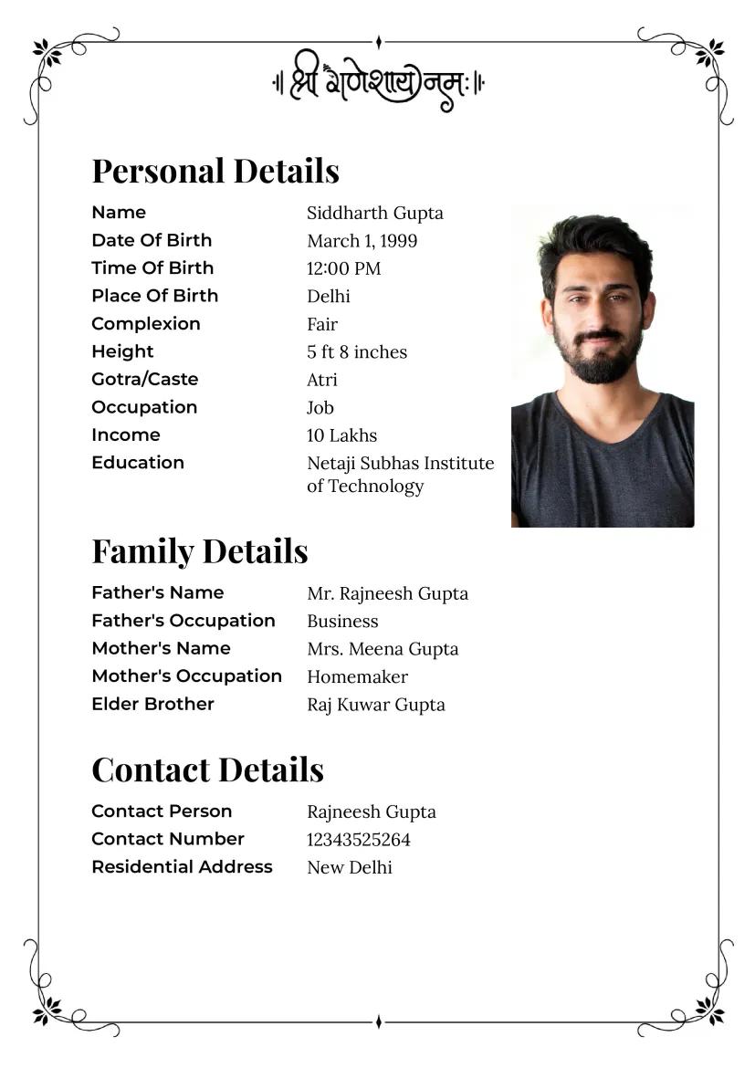Marriage biodata template with 'Shri Ganeshay Namah' mantra, black and white design, clean layout for details, and profile picture.