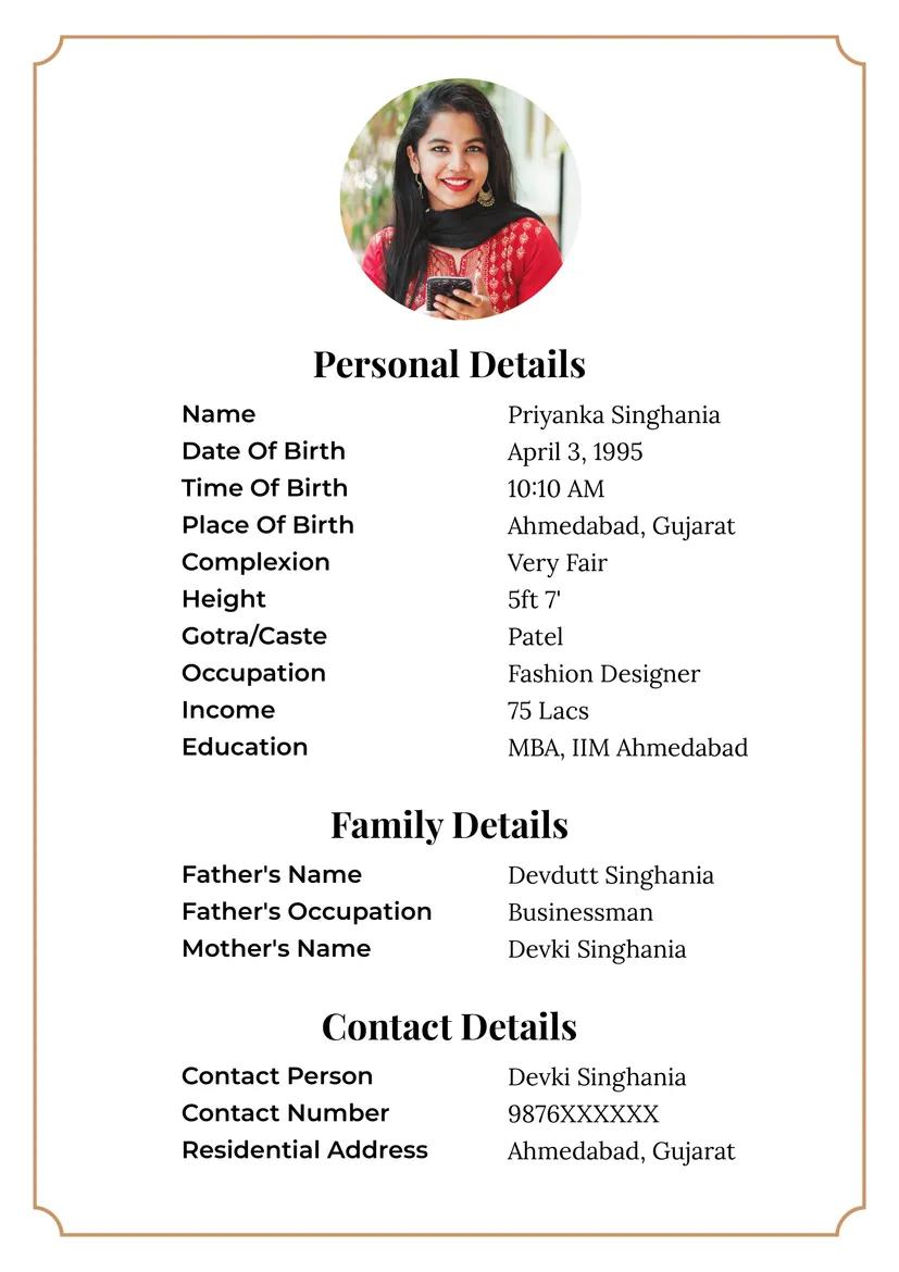 A marriage biodata template prioritizing clarity and simplicity, featuring a clean and modern layout with a barely-there border for a sleek and effortlessly stylish presentation.