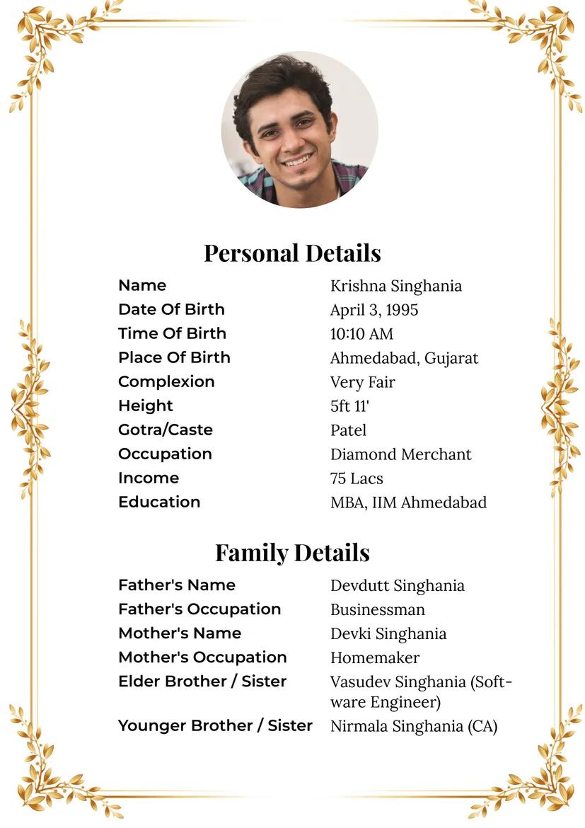 Minimalistic Autumn Leaves Matrimonial Biodata Format for Boys