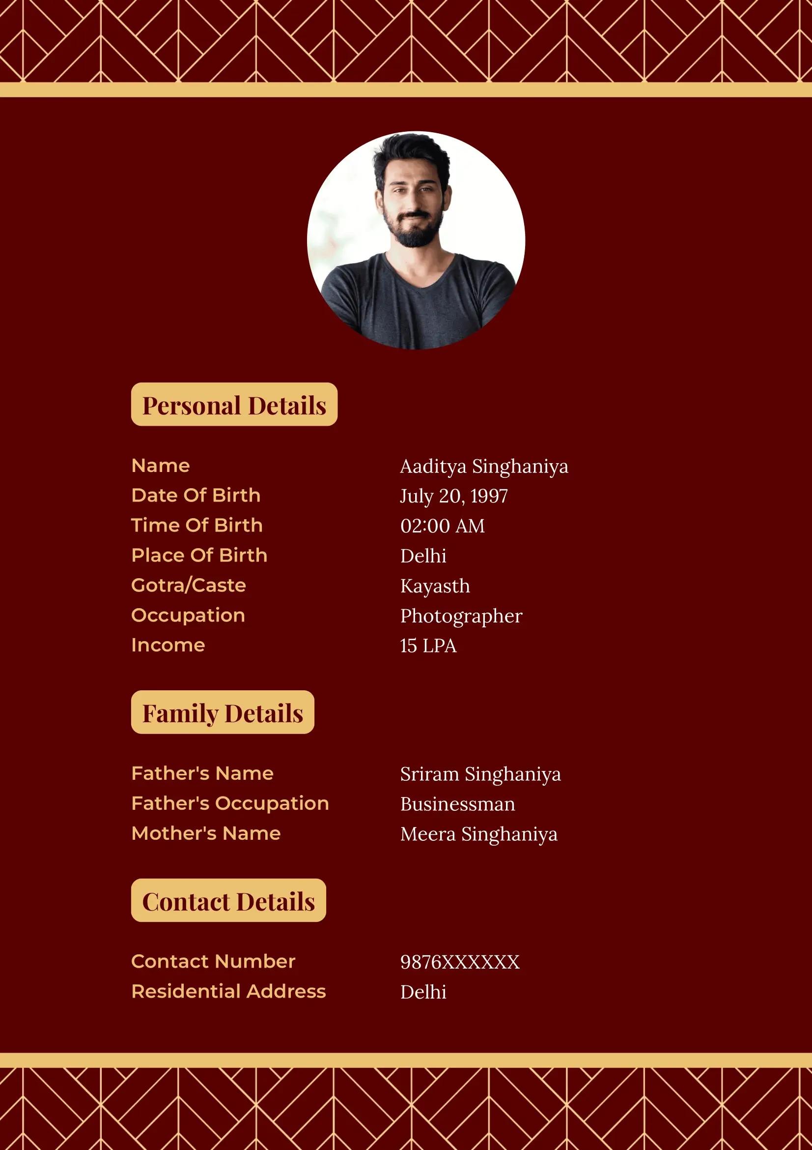 Elegant maroon-themed marriage biodata template with golden geometric accents suitable for both boys and girls.