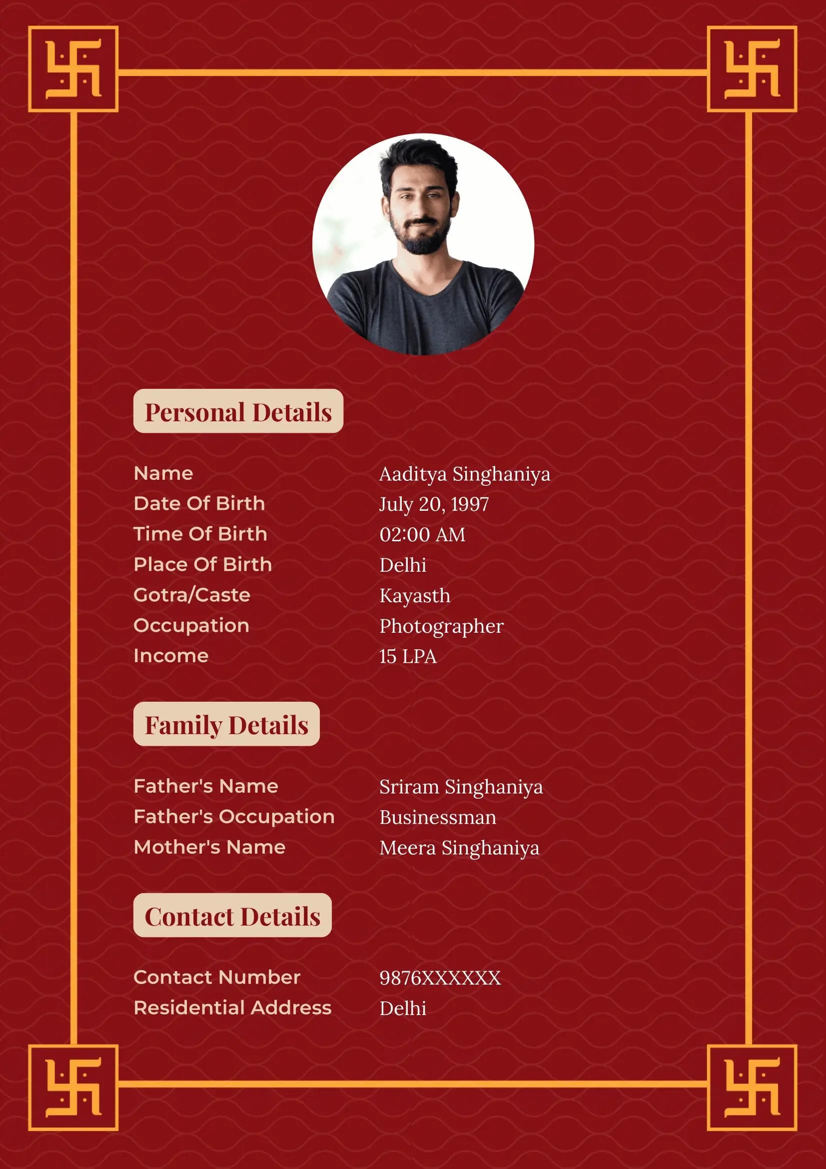 Traditional maroon Hindu marriage biodata template with Swastik symbols and elegant wave patterns, ideal for both boys and girls seeking a culturally rich and visually appealing profile design.