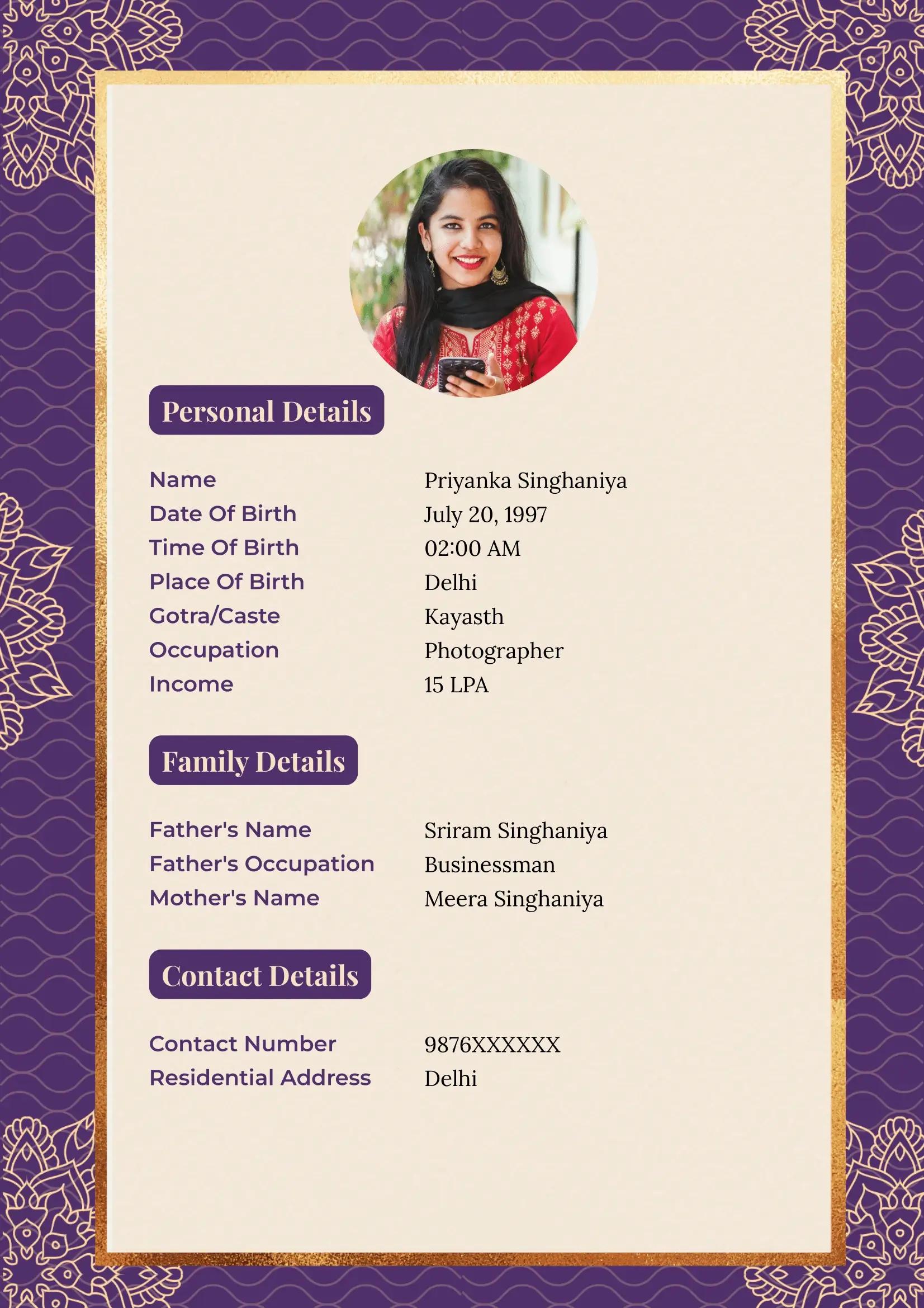 Timeless Purple and Gold Marriage Biodata Template Featuring a modern design with a touch of tradition, perfect for creating a visually appealing and informative profile for prospective matches.