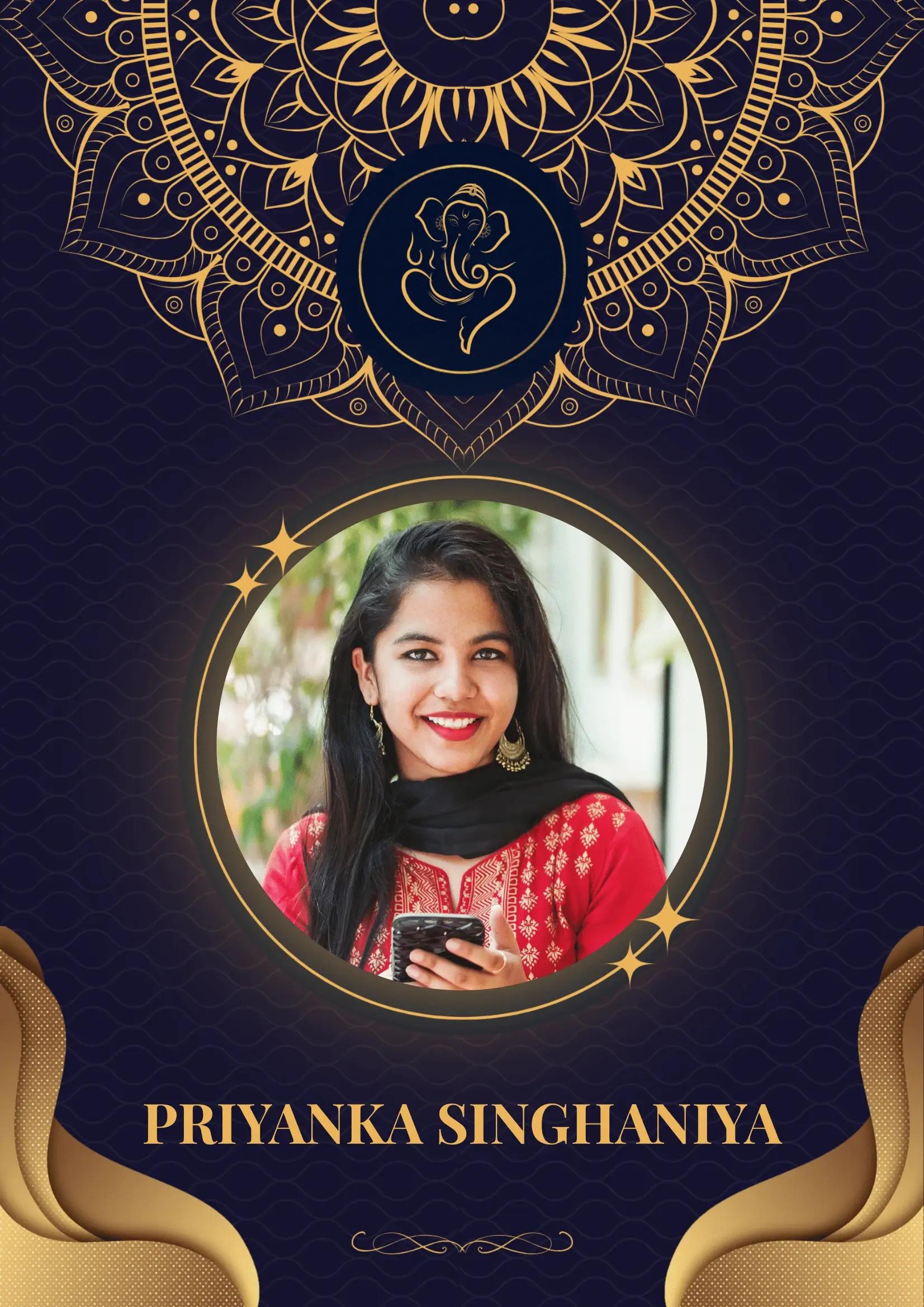 Royal blue 2-page marriage bio data templates for girls with mandala and Sri Ganesha motifs, perfect for showcasing detailed matrimonial information.