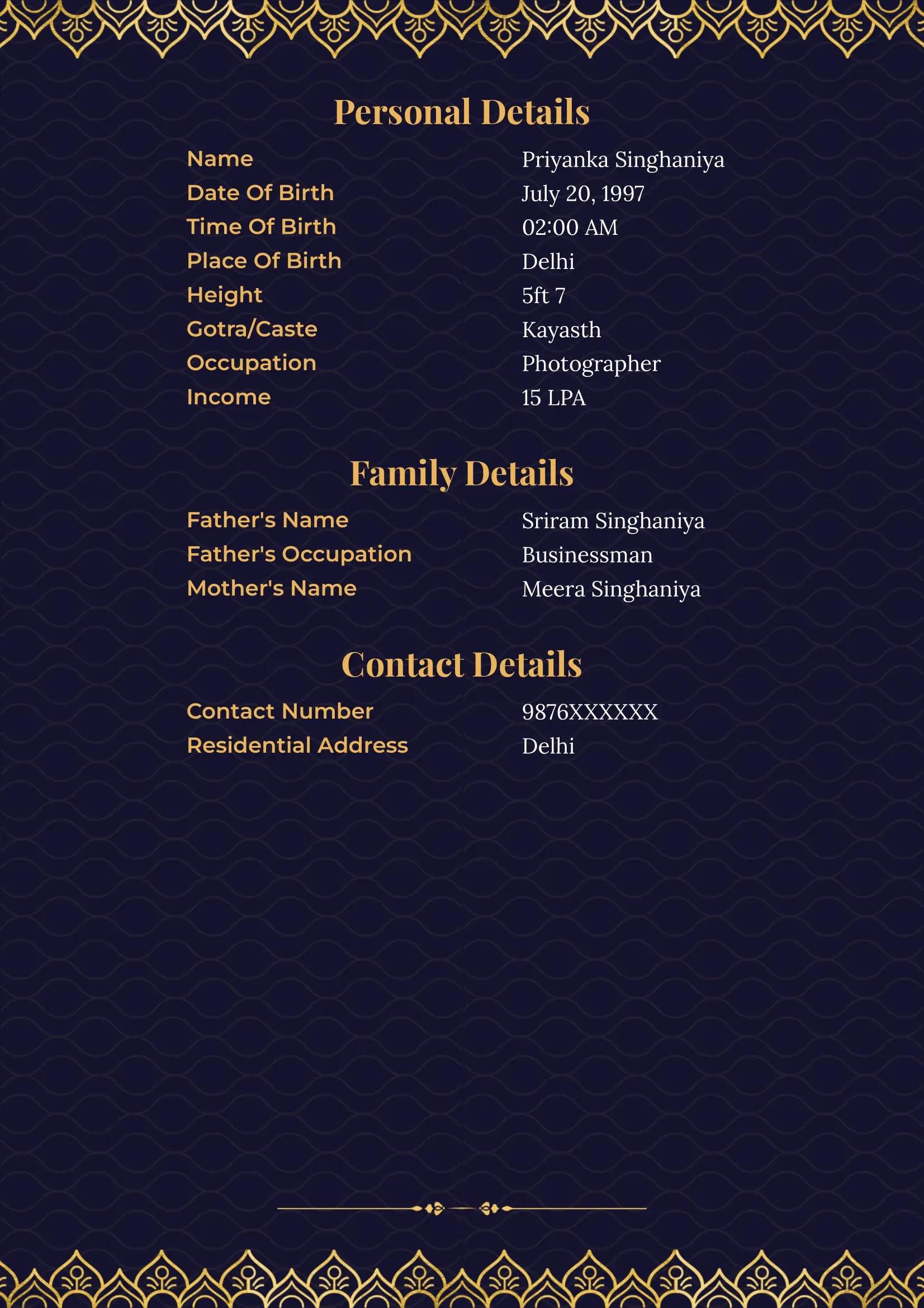 Royal blue 2-page marriage bio data templates for girls featuring Ganesha and gold leaf elements, ideal for a traditional yet elegant matrimonial biodata.