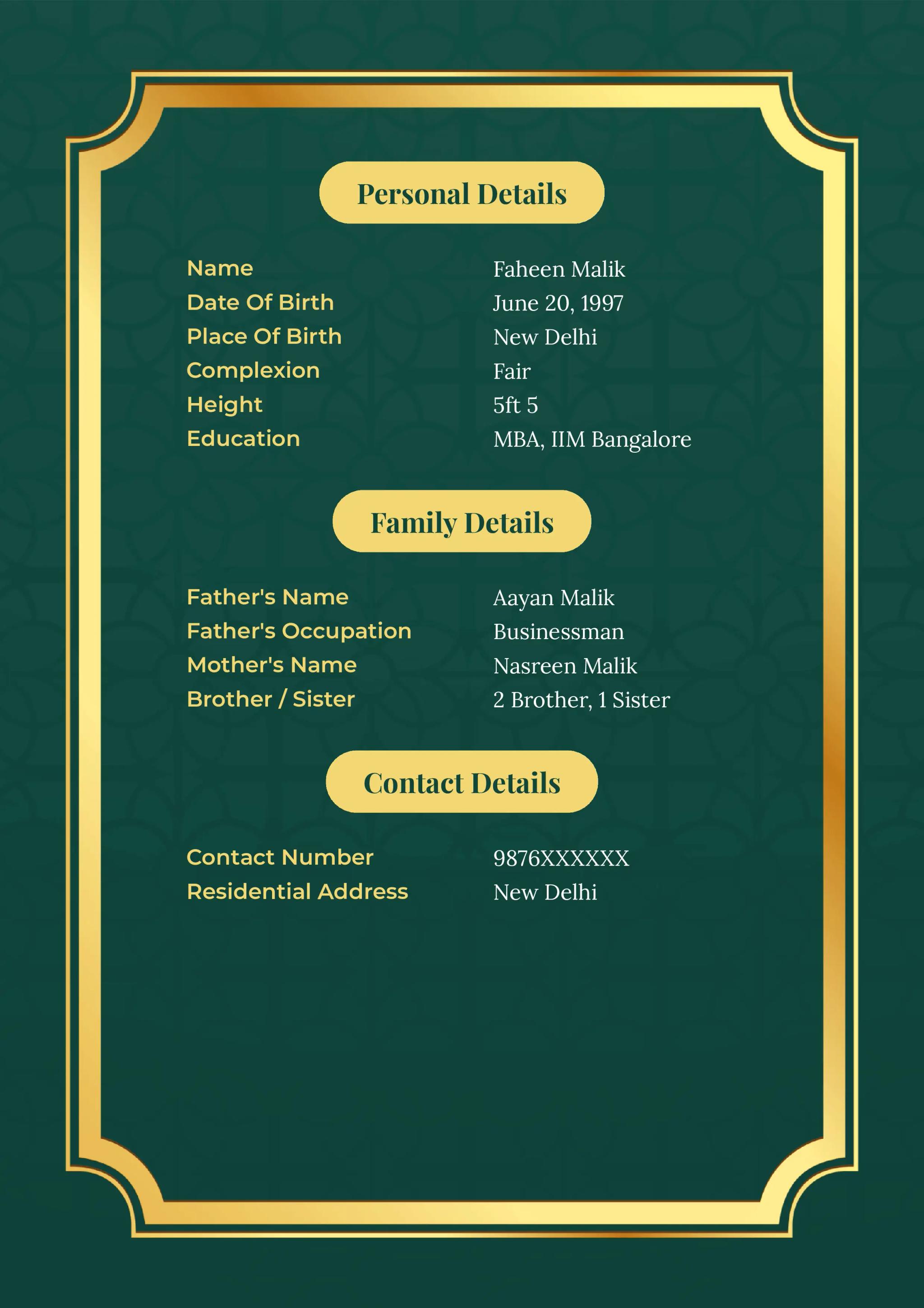 Green and gold Islamic-inspired marriage bio data templates for girls and boys, featuring a two-page format ideal for Muslim matrimonial biodata.