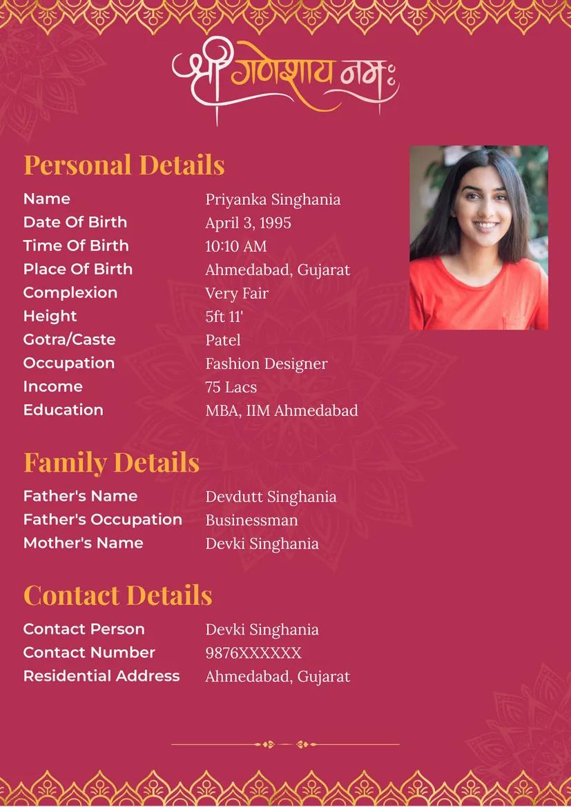 Pink marriage bio data templates for girls featuring Lord Ganesh and decorative borders, ideal for traditional Indian matrimonial profiles.